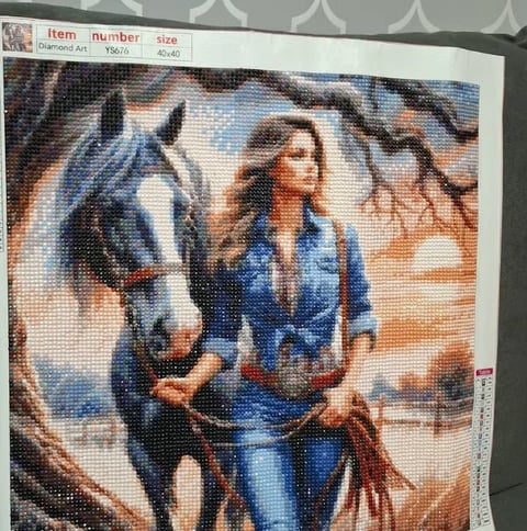Diamond painting of a woman in blue clothing standing next to a saddled horse in a desert landscape