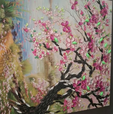 Painting of a gnarled tree with pink and magenta blossoms against a soft sky background with tropical foliage