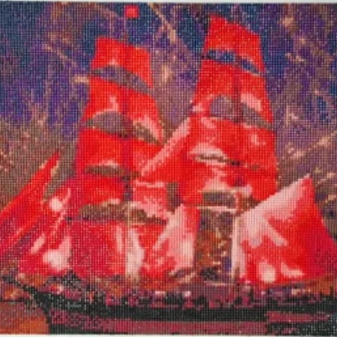 Tall ship with red sails set against a dramatic purple and gold sky, pixelated artistic rendering